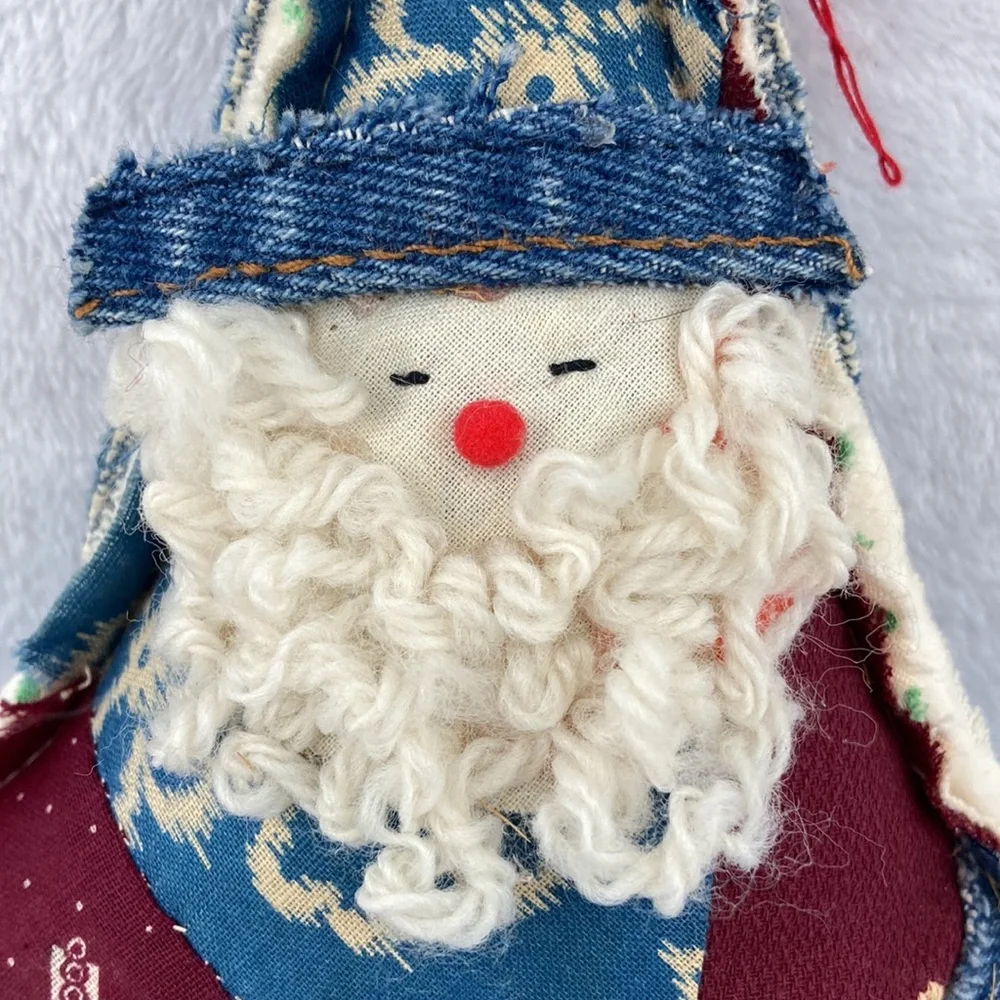 Handcrafted VTG Folkart Rustic Denim Santa Star Pillow Decor 12”